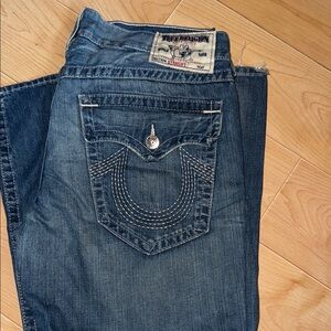 True Religion Blue Boot Cut Jeans with Vintage Distressing